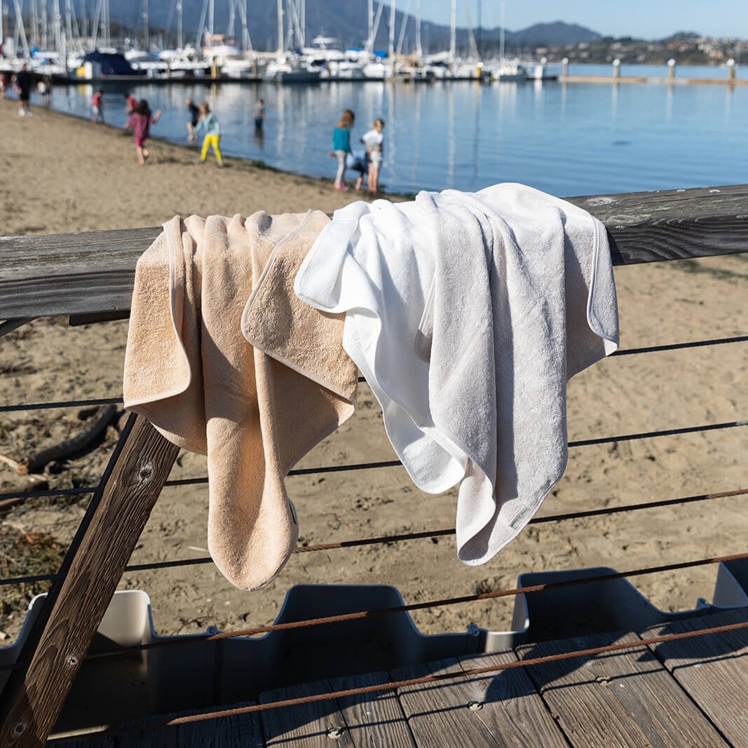 Hooded Baby Towel in pearl and wheat. Lightweight and Absorbent Turkish Cotton Towels. Luxuriously Soft and Eco-Friendly.