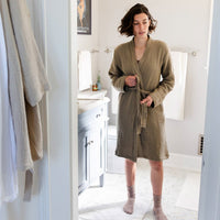 Unisex Turkish Cotton Robe, woman wearing Forest. Lightweight and Absorbent Turkish Cotton Towels. Luxuriously Soft and Eco-Friendly.