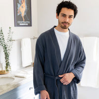 Unisex Turkish Cotton Robe, man wearing Midnight. Lightweight and Absorbent Turkish Cotton Towels. Luxuriously Soft and Eco-Friendly.