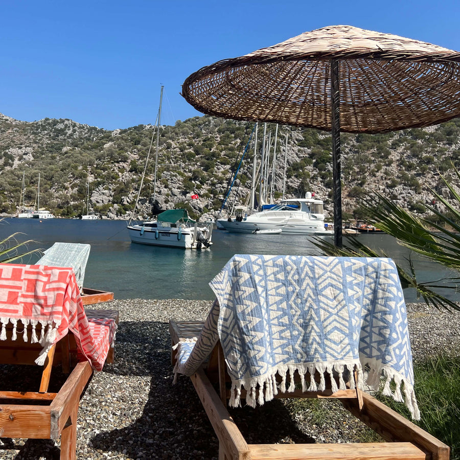 Bodrum Peshtemal in Sea Blue, Lightweight and Quick-Drying Turkish Peshtemal Beach Towels. Versatile and Eco-Friendly.
