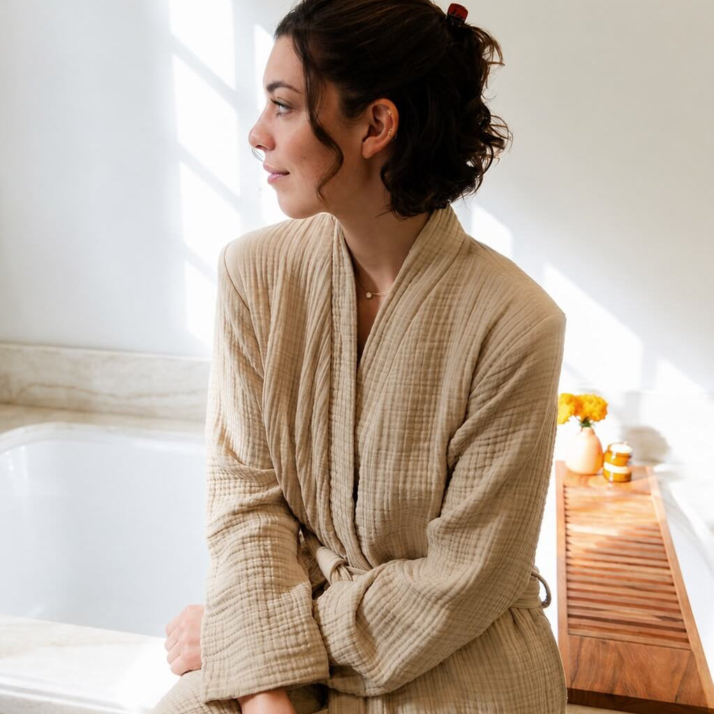 A woman wearing a beige bathrobe sits on the edge of a bathtub in a bright bathroom with sunlight streaming in from the left.